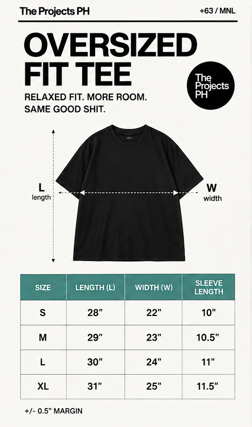 Oversized fit tee size chart in inches - S to XL